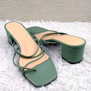 SHEIN Sage Green Faux Leather Square Toe Thin Strappy Block Heel Toe Ring Sandal